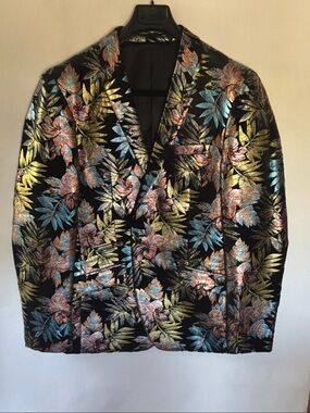 Men's Black Floral Metallic Blazer with Gold & Blue Accents
